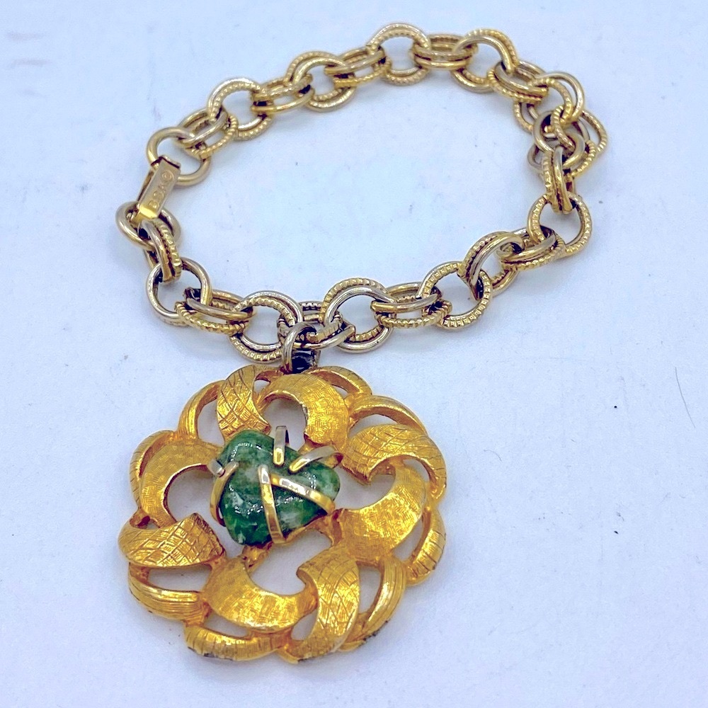 Vintage BSK Gold Tone Chain Link Bracelet With A  Charm With Green Stone Center
